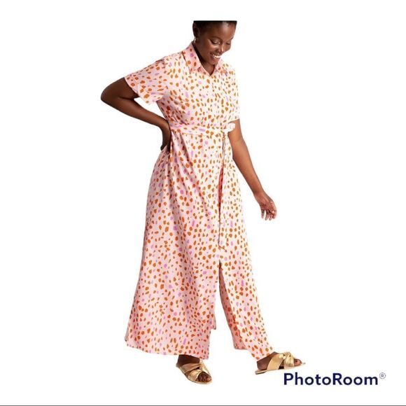 Eloquii Dresses & Skirts - Eloquii Pink Maxi Shirt Dress with Orange Spot Print